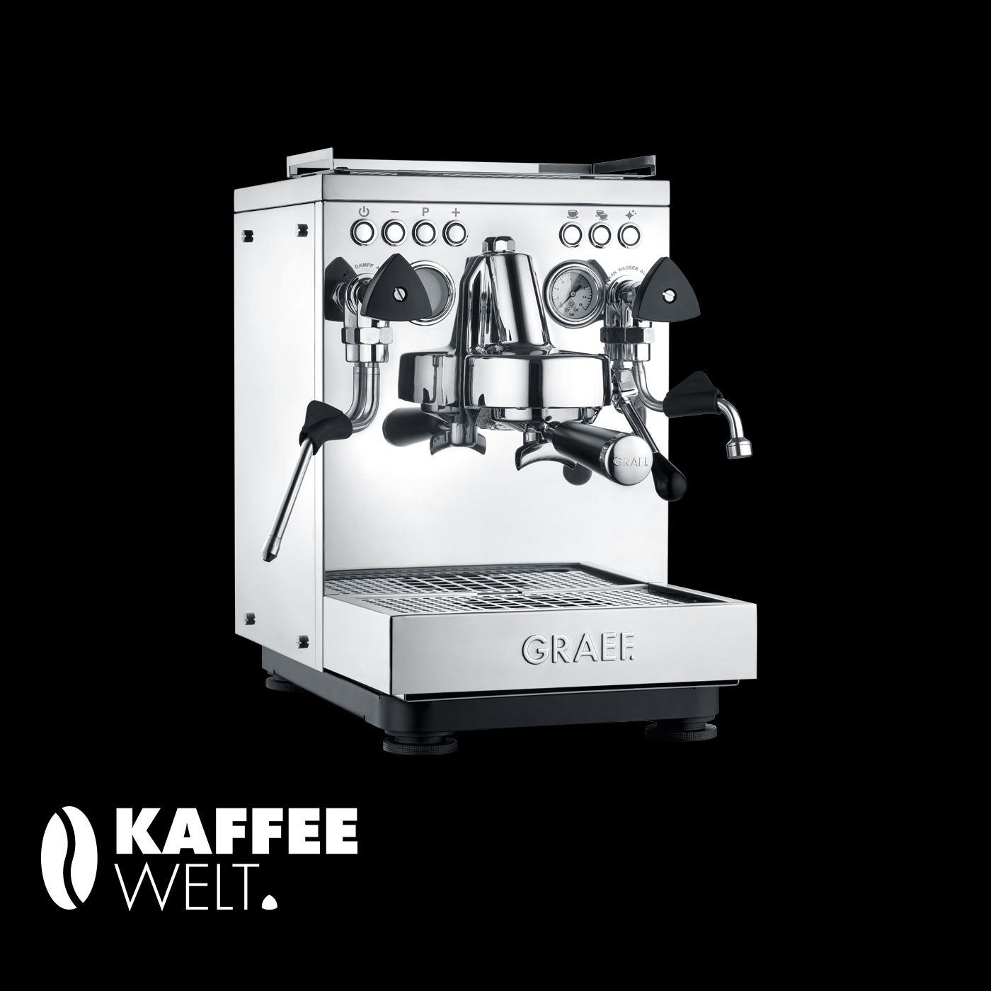 Espressomaschine, silber, poliert, mit vielen Knöpfen und Anzeigen, Marke GRAEF, Kaffee Welt