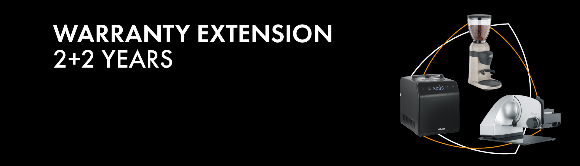 Warranty extension 2+2 years, coffee and kitchen appliances on black background