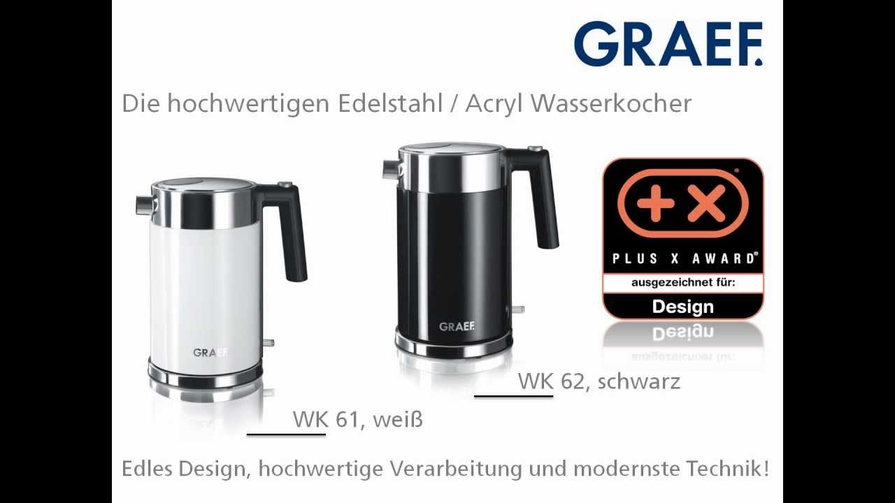 Bouilloires Graef, acier inoxydable et acrylique, excellent design, options noir et blanc.