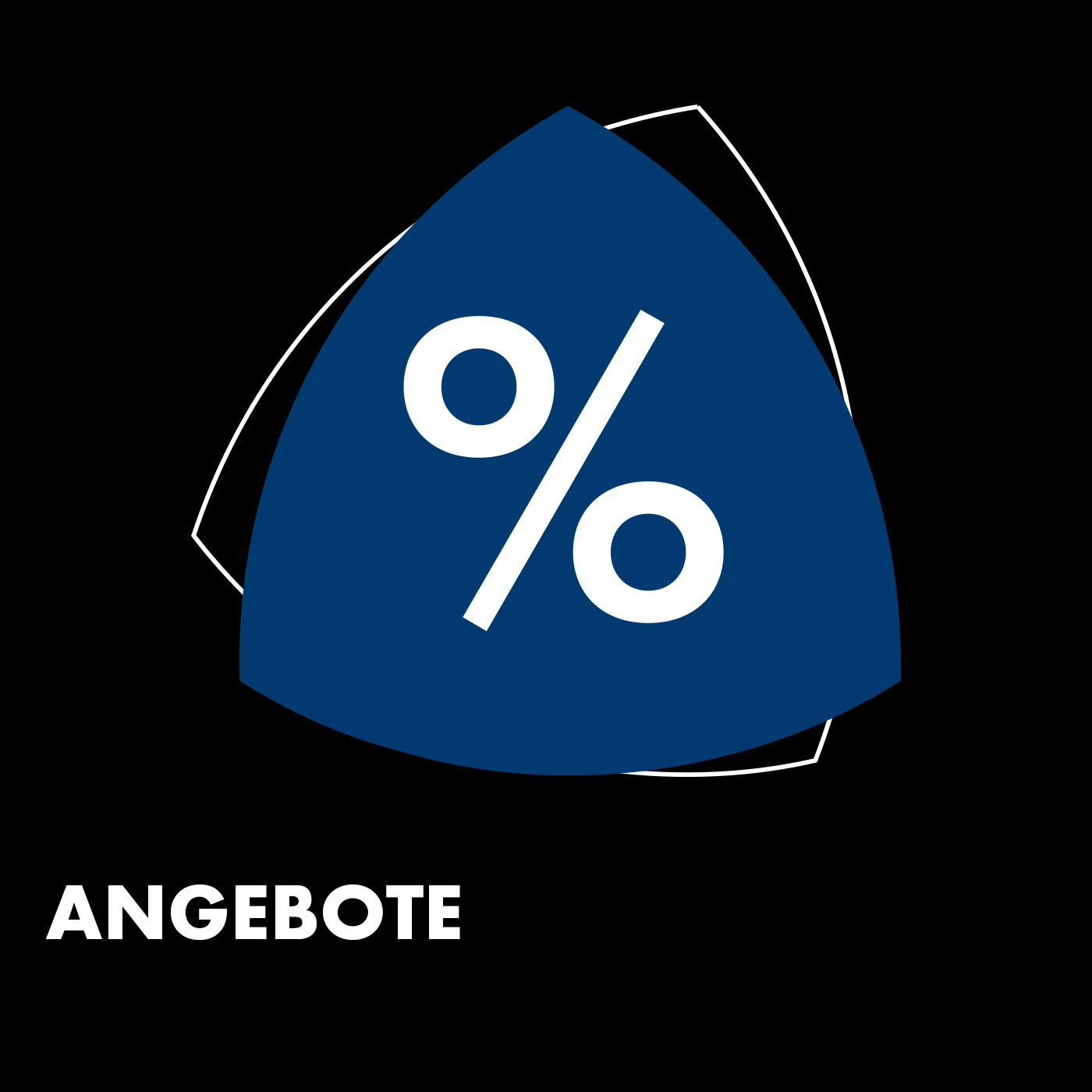 Blaues Prozentzeichen auf schwarzem Hintergrund mit dem Wort 'Angebote'.