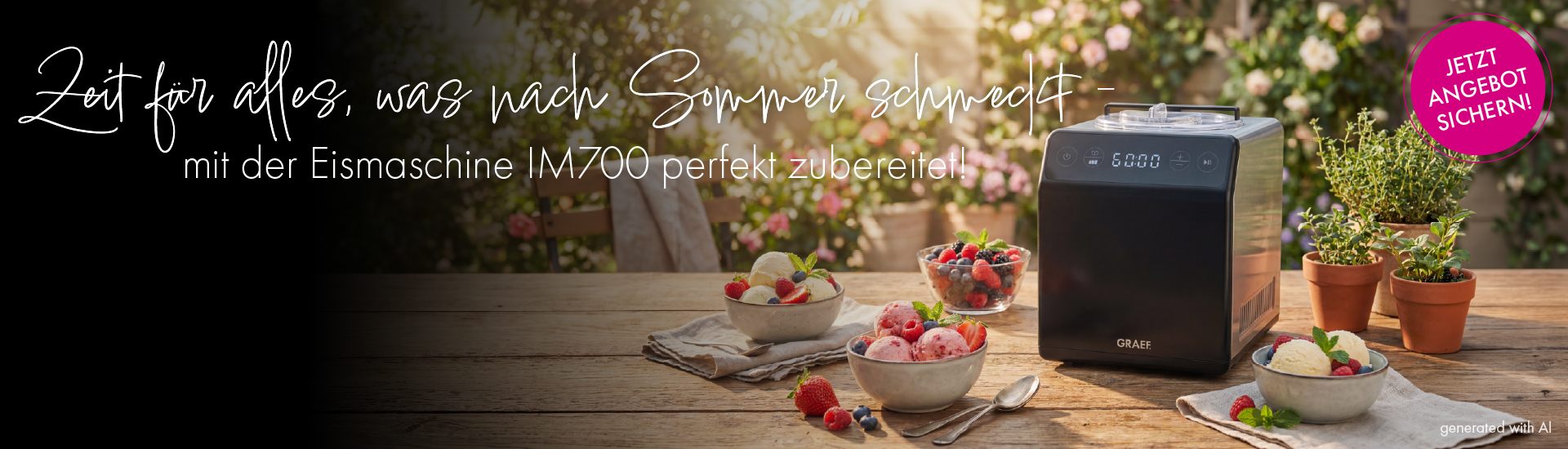Eiscremezubereiter mit Sommerfrüchten und Angebotsschild