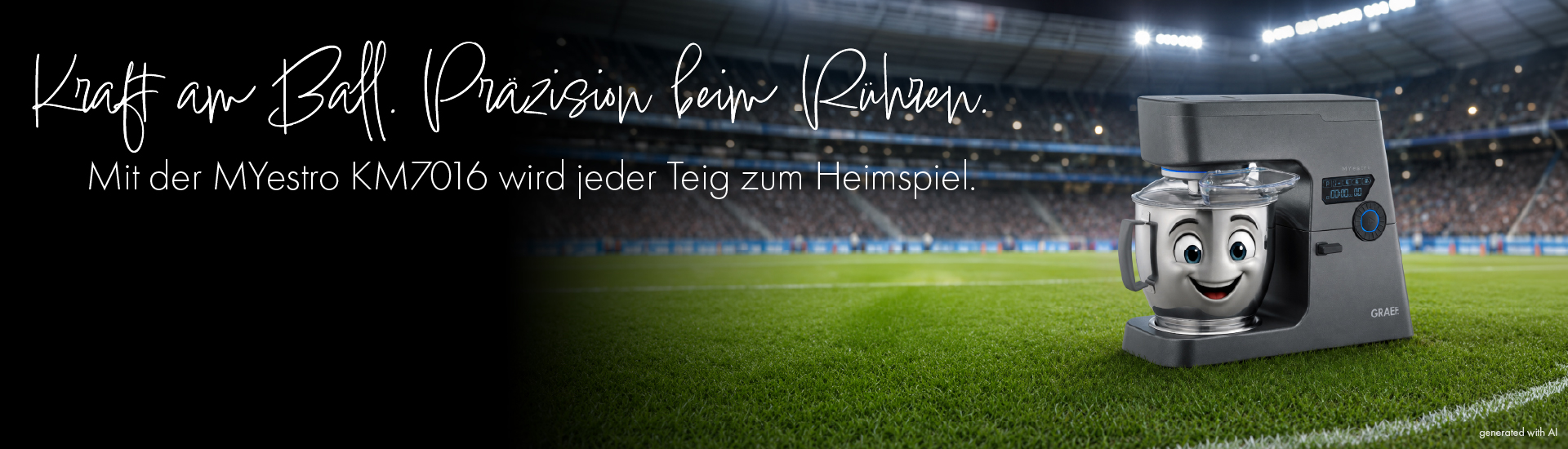 Küchenmaschine mit Comic-Gesicht auf einem Fußballfeld mit Stadion im Hintergrund