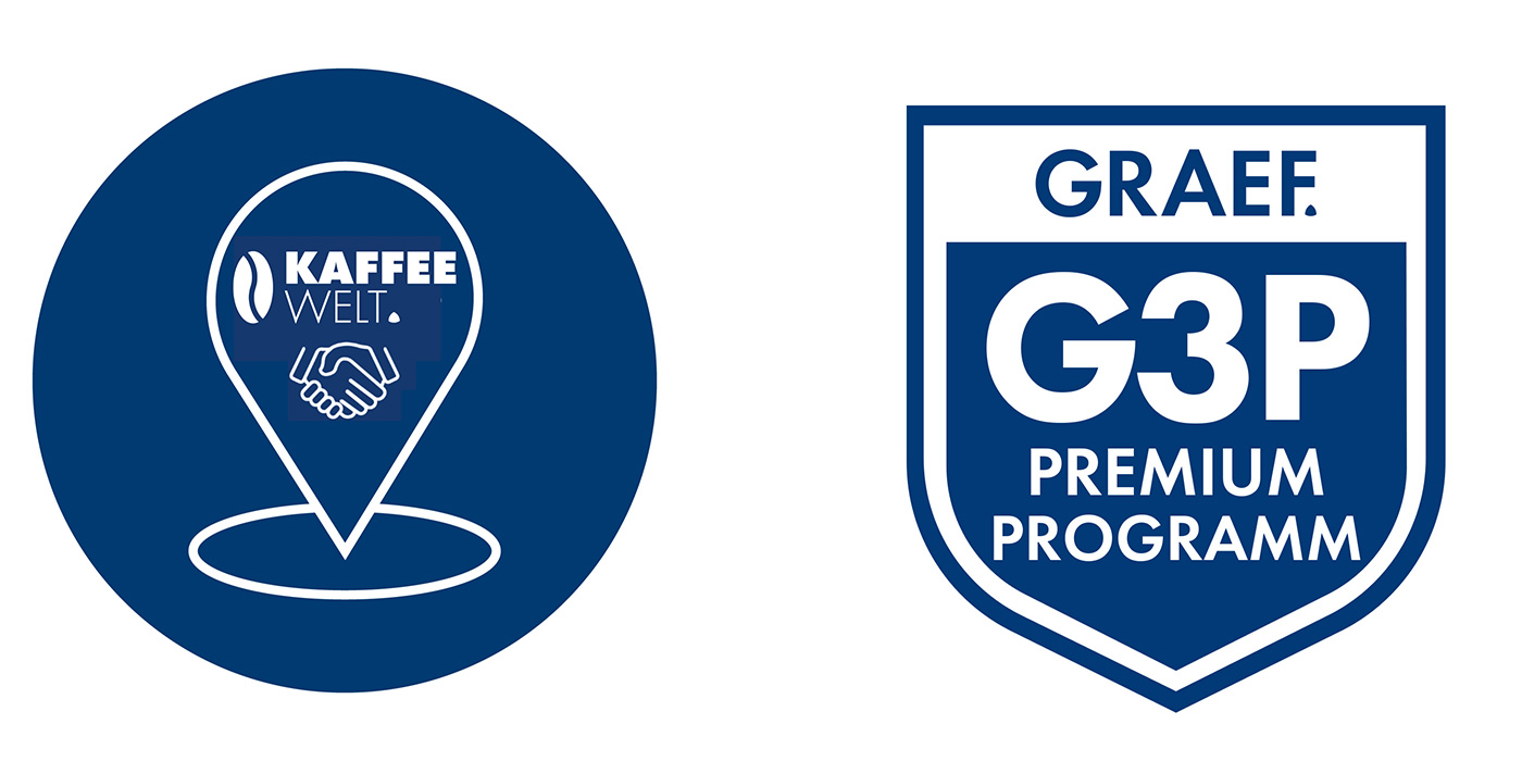 Zwei Logos: Ein Kreis mit Kaffeewelt und Händedruck, ein Schild mit Graef G3P Premium Programm.