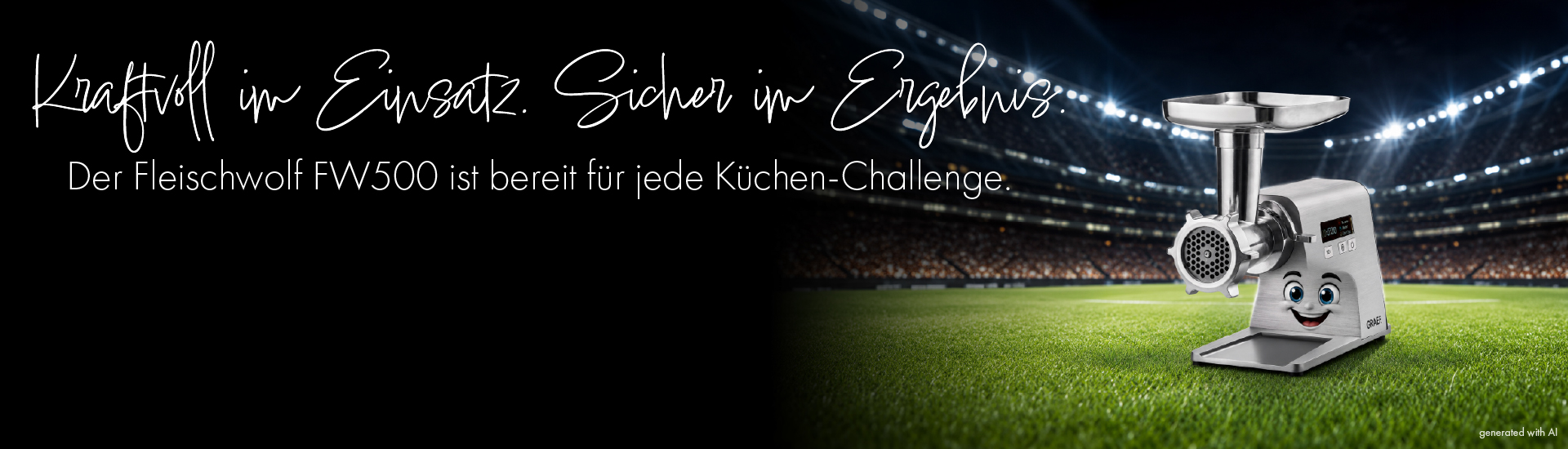Fleischwolf FW500 steht auf einem Fußballfeld mit Stadion im Hintergrund.