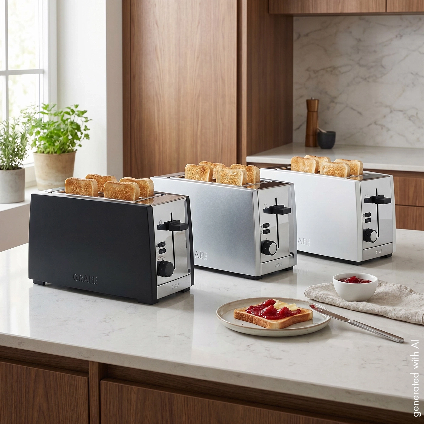 Drei Toaster in verschiedenen Farben mit Toastbrot und Marmelade