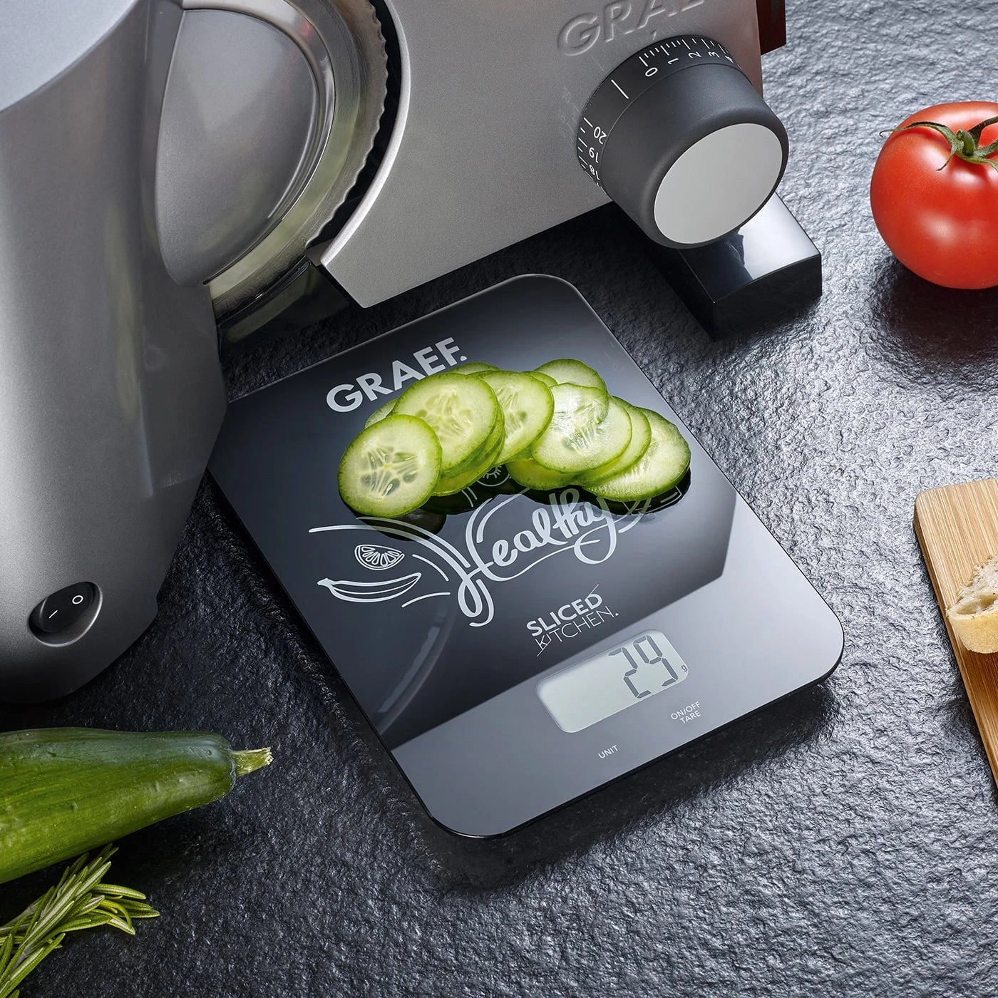 Gemüseschneider, Waage, Gurkenscheiben, Tomate, Küche, gesund, GRAEF, 29g, geschnitten, Lebensmittel