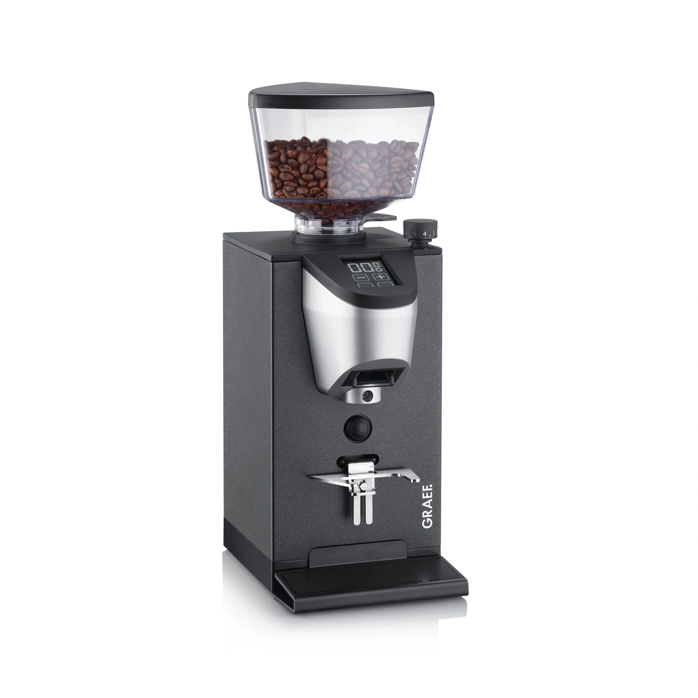 Kaffeemühle mit Bohnenbehälter, digitalem Display und GRAEF-Logo.