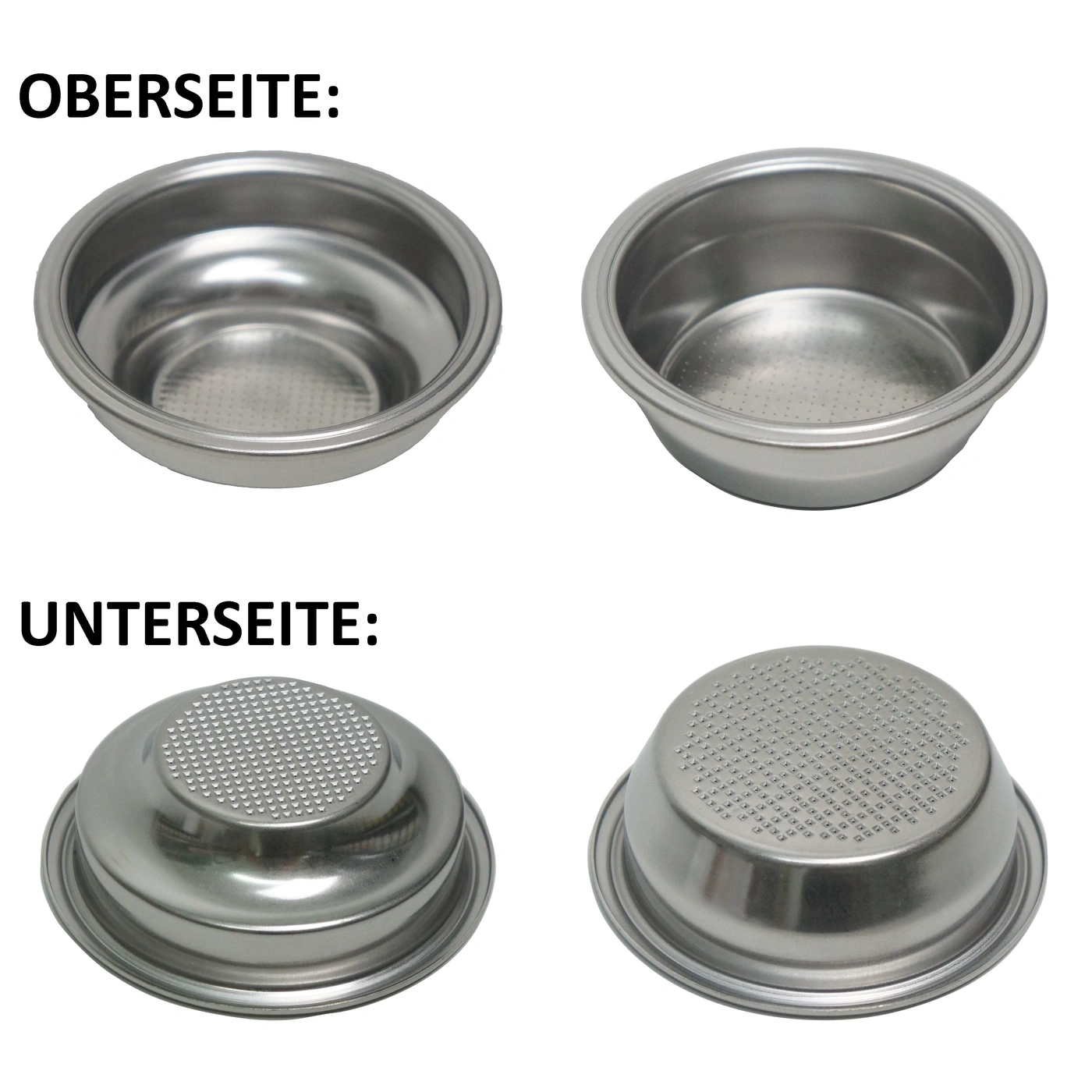 Espresso-Siebträger: Ober- und Unterseite, Edelstahl, Löcher, Kaffeezubereitung, Detailaufnahme