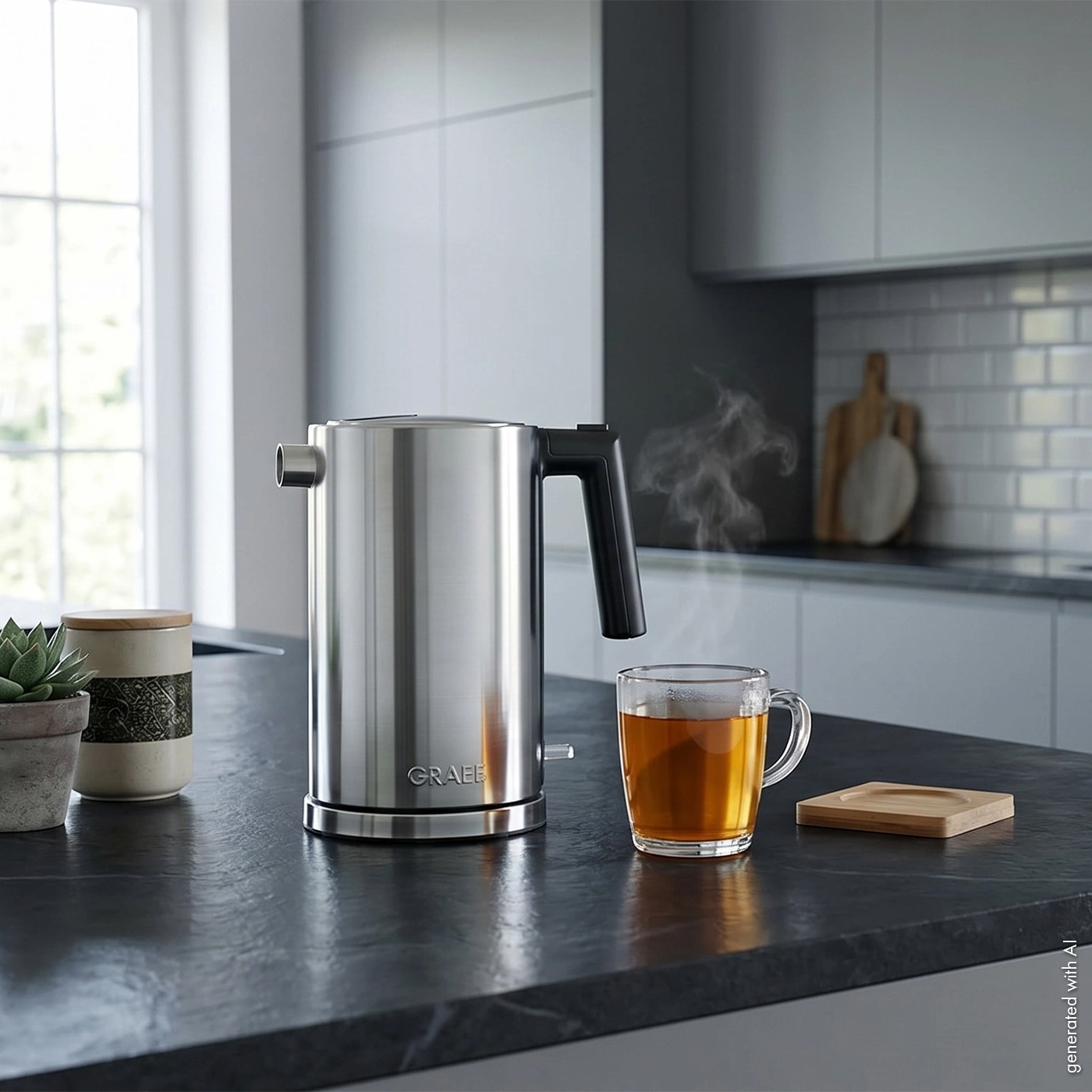 Edelstahlwasserkocher mit dampfender Tasse Tee auf Küchenarbeitsplatte.