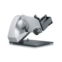 Ein silberner Graef Allesschneider mit schwarzem Schlitten und Einstellknopf.