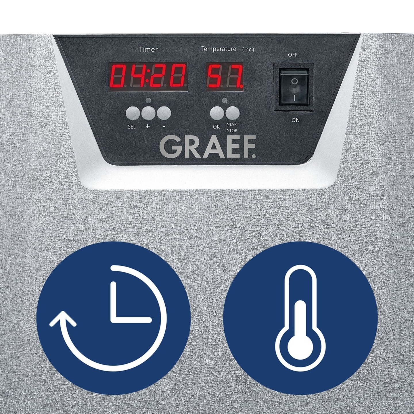 Display timer e temperatura con pulsanti e logo GRAEF su un dispositivo.