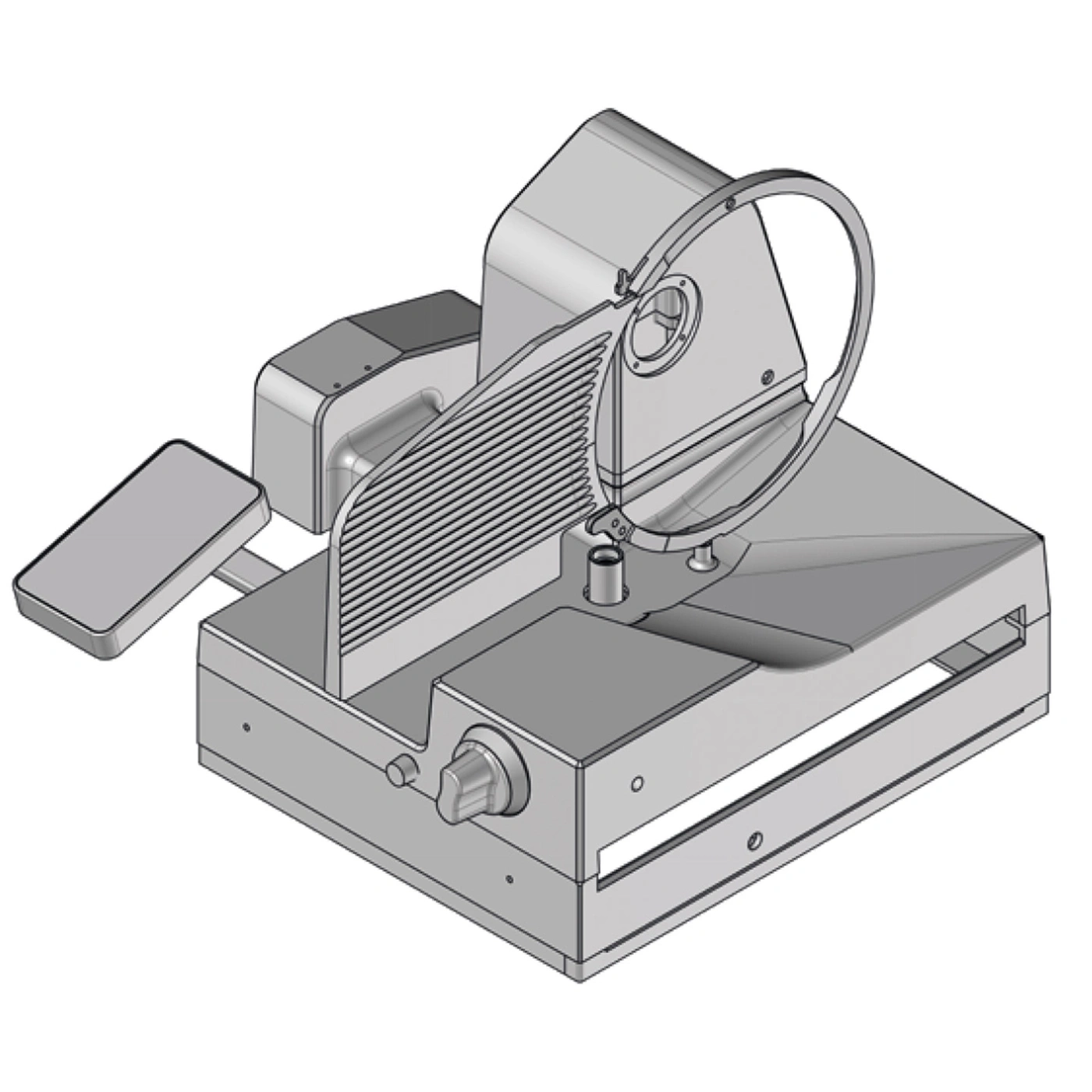 Fleischschneidemaschine, graue Perspektive, Detailansicht, technische Zeichnung, Küchengerät