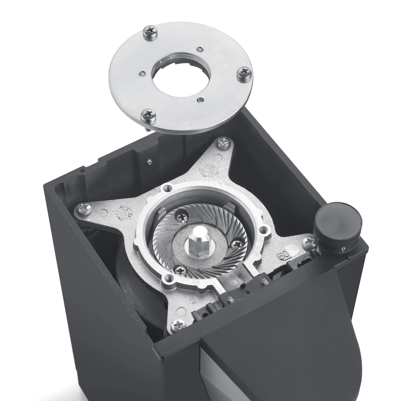 Kaffeemühle, zerlegt, Mahlwerk, Deckel, Schrauben, Detailaufnahme, Innenleben, Technik