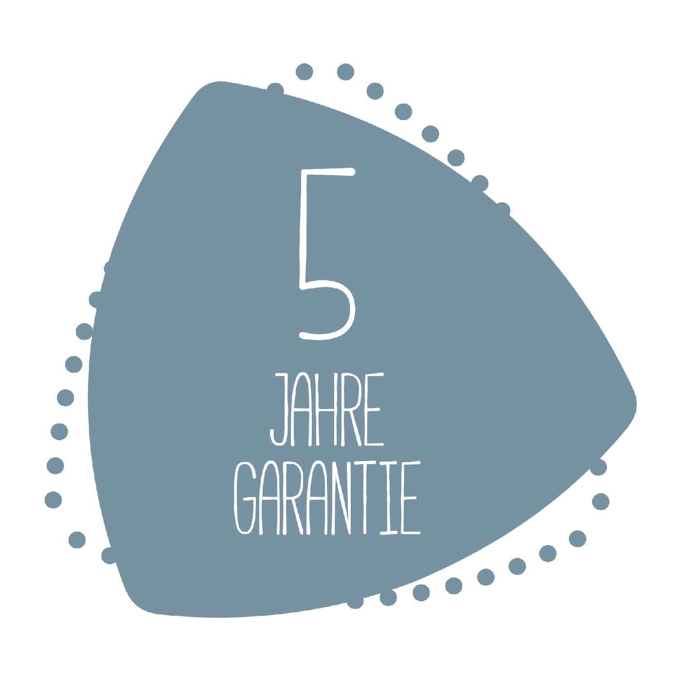 5 Jahre Garantie, blaues Schild mit weißer Schrift und Punkten