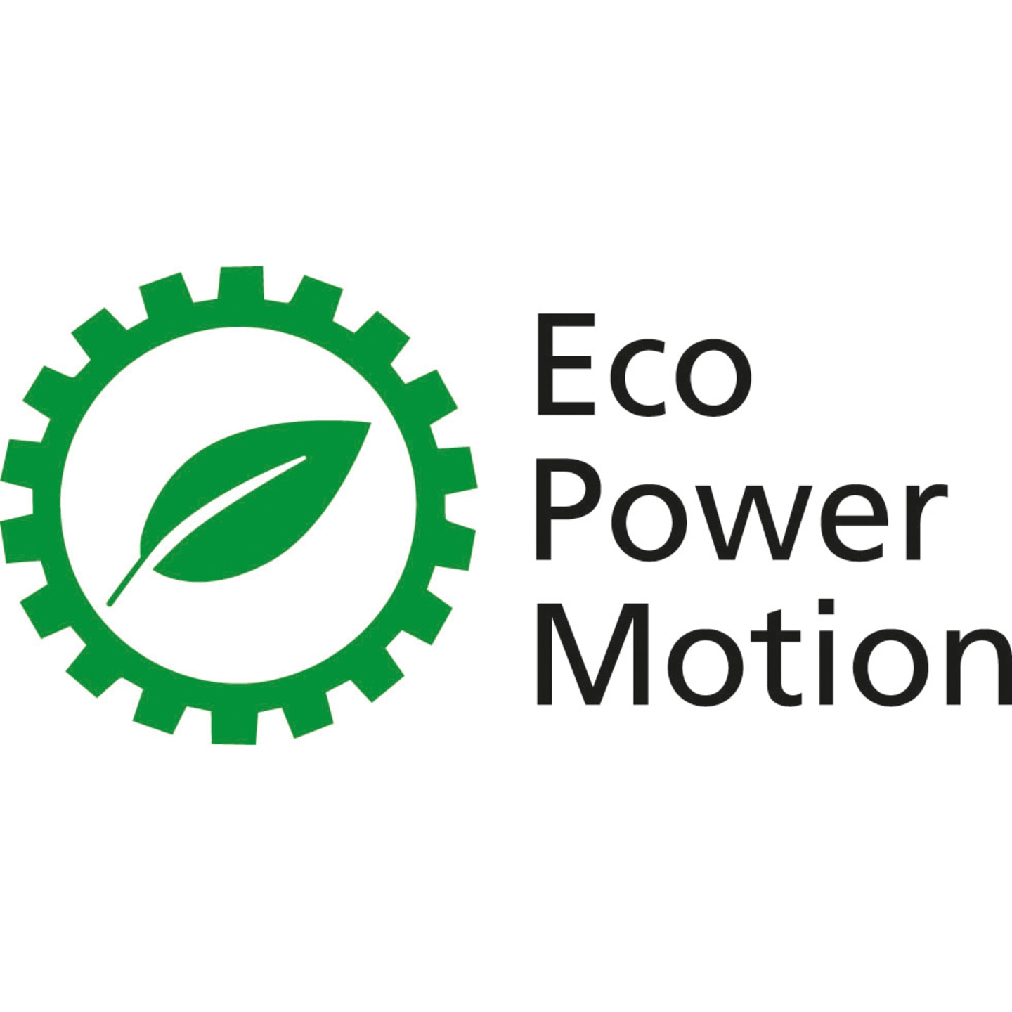 Logo avec engrenage, feuille et texte 'Eco Power Motion' en vert et noir