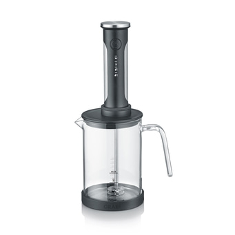 Milchaufschäumer mit Glasbehälter und Griff, elektrisch, grau und silber