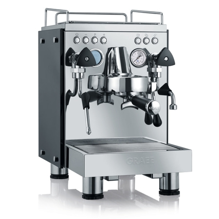 Espressomaschine aus Edelstahl, mit Knöpfen und Manometer, Marke Graef.