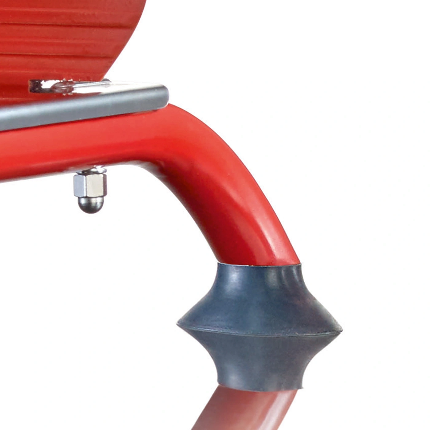 Roter Metallrahmen mit Gummifuß und Schraube, Detailaufnahme, Nahaufnahme, isoliert