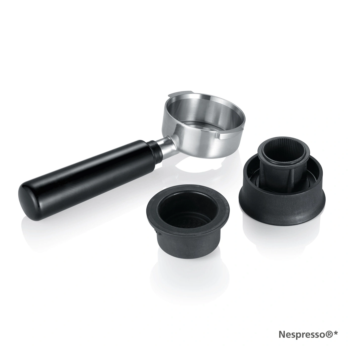 Espressomaschine Zubehör: Siebträger, zwei Einsätze, schwarz und silber