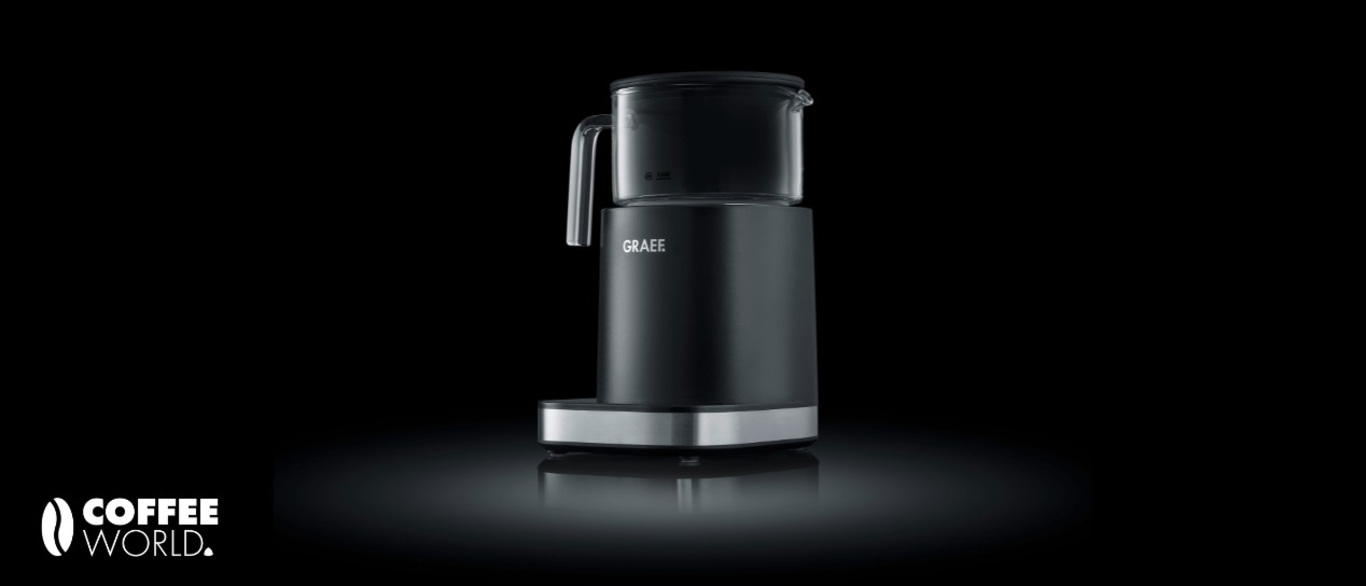 Black coffee machine with glass container and Graef logo on a black background.