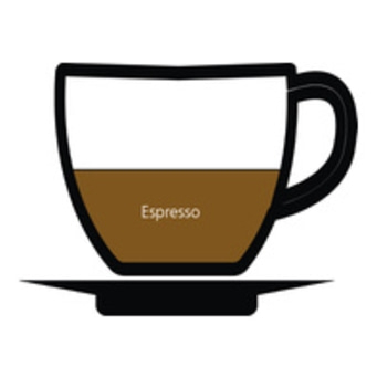 Espresso in einer Tasse. Braune Flüssigkeit, weißer Hintergrund, schwarze Tasse.