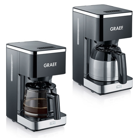 Two black coffee makers with stainless steel accents, branded with the name GRAEF.
