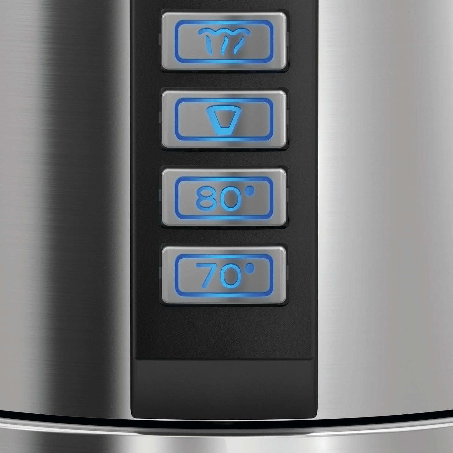 Close-up of a kettle's control panel with temperature display and various function symbols.
