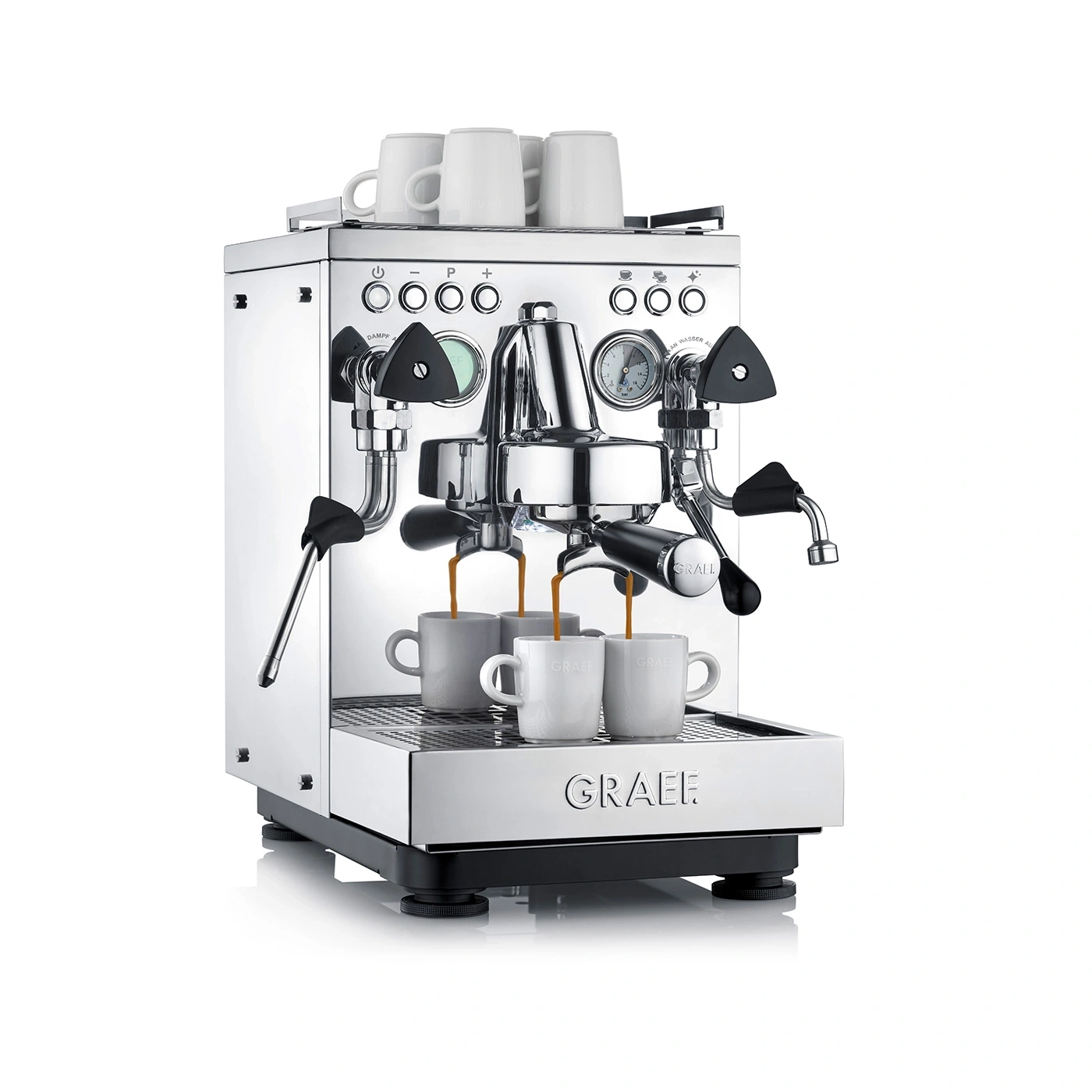 Espressomaschine mit Tassen, die Kaffee zubereitet, glänzend und modern.