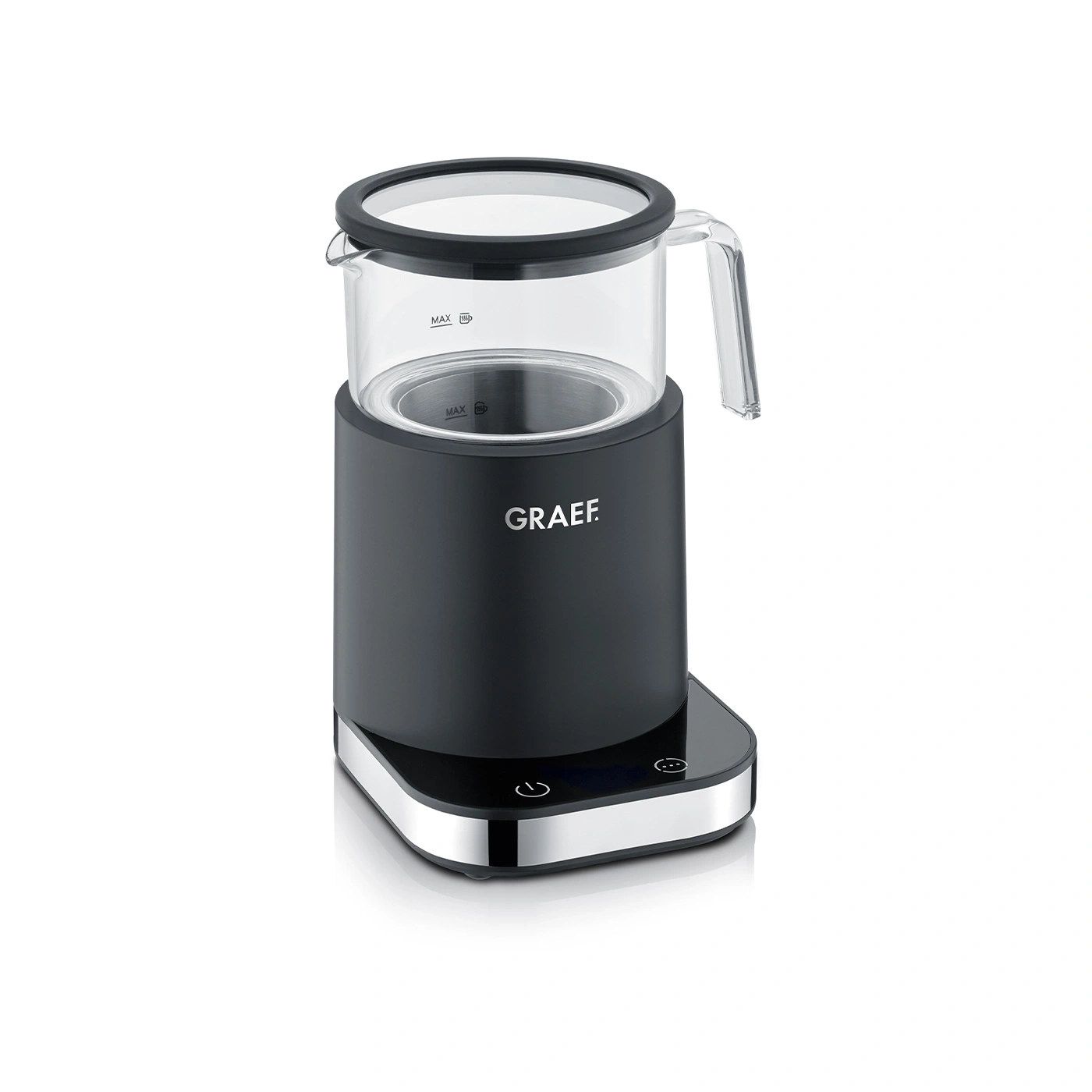 Schwarzer Wasserkocher mit Glaskanne und GRAEF-Logo auf weißem Hintergrund.