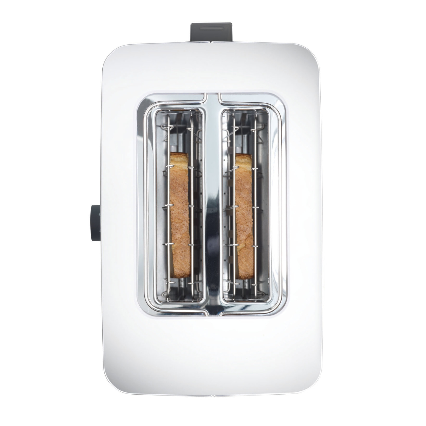 A white toaster with two slices of toast inside, a close-up shot, kitchen appliance.