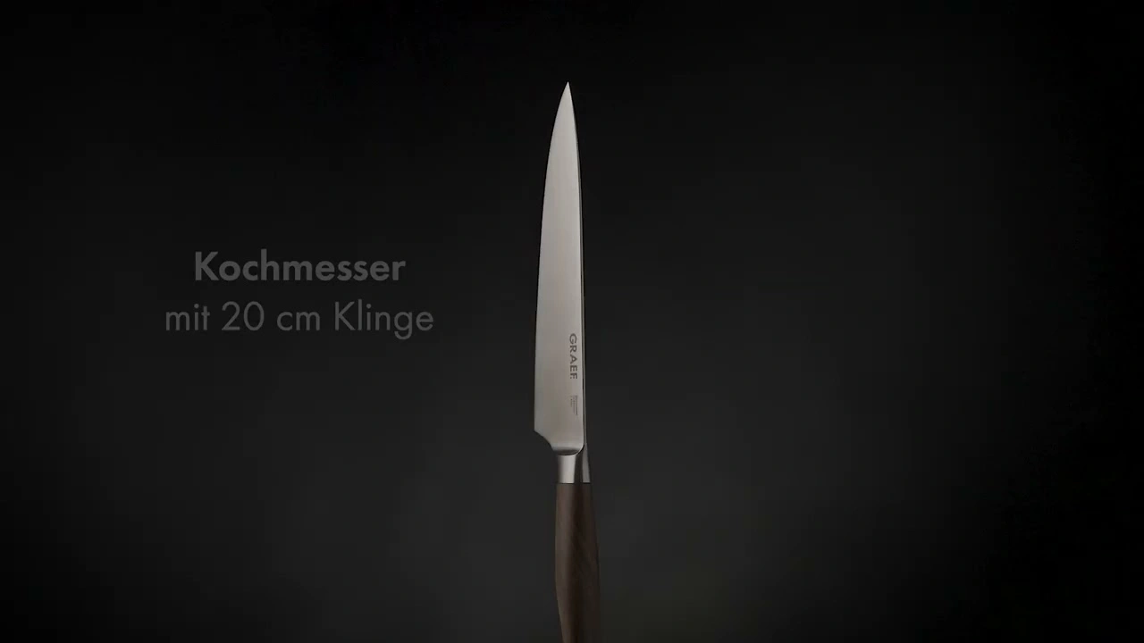 Ein Kochmesser mit 20 cm Klinge auf schwarzem Hintergrund.