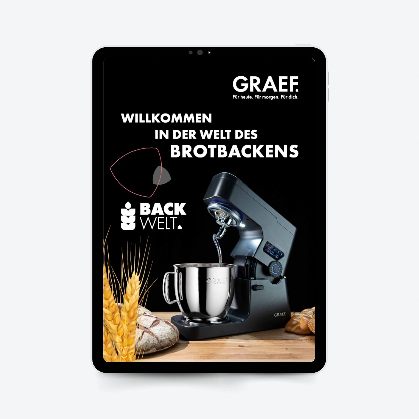 Tablet mit Werbung für Brotbacken, GRAEF-Küchenmaschine, Backwelt