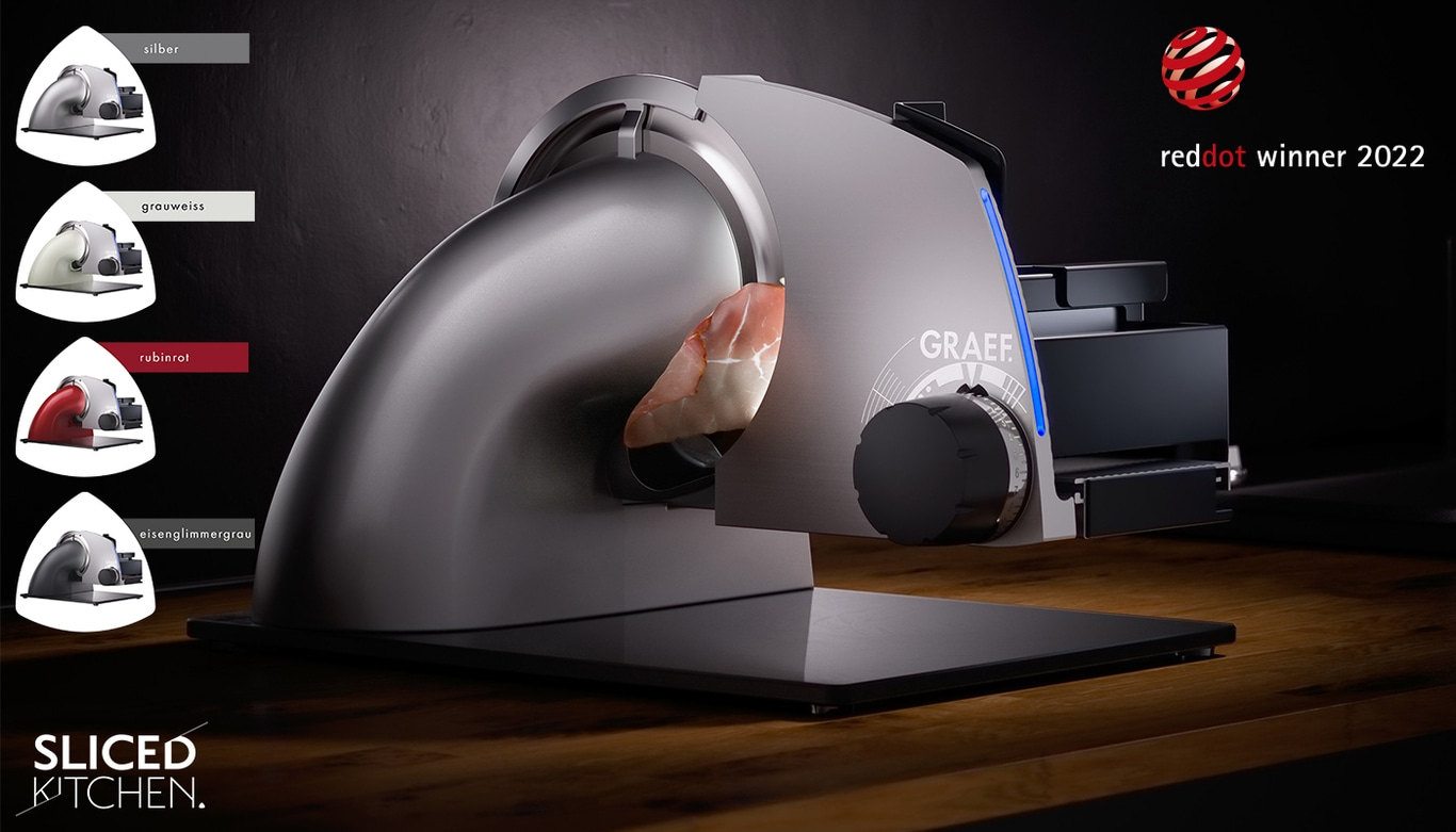 Graef Allesschneider, silber, grauweiß, rubinrot, eisenglimmergrau, Red Dot Winner 2022