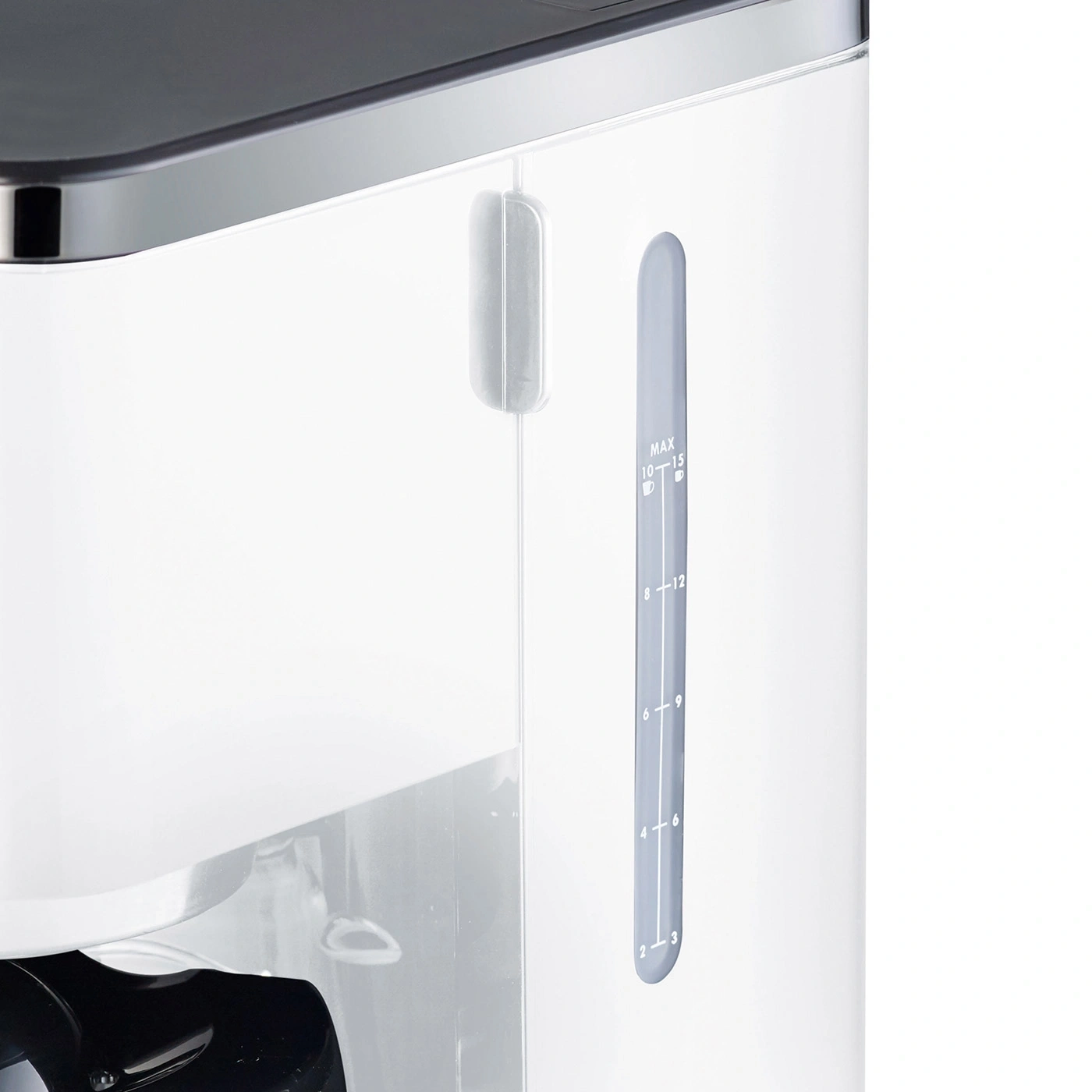 Kaffeemaschine mit Wasserstandsanzeige, weiß und grau, nahaufnahme