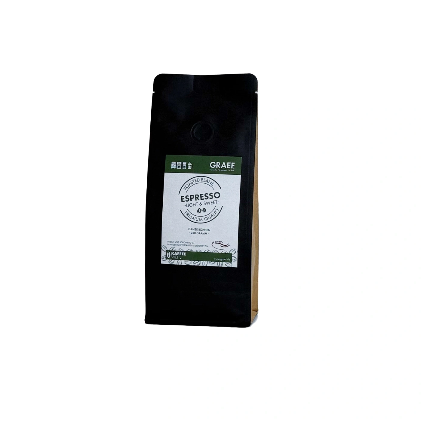 Eine schwarze Packung Kaffee mit der Aufschrift "GRAEF Espresso Light & Sweet".