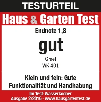 Testurteil Haus & Garten Test: Endnote 1,8 gut für Graef WK 401. Wasserkocher Test.