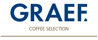 GRAEF Logo mit Kaffeeauswahl und brauner Linie darunter, blau und braun.