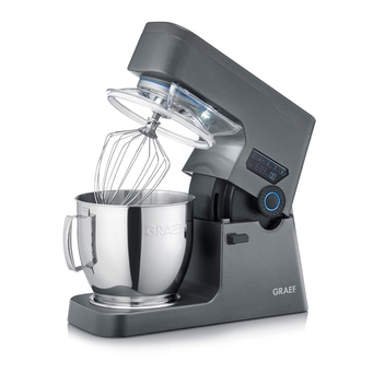 Graue Küchenmaschine mit Rührbesen und Schüssel, Marke GRAEF, isoliert