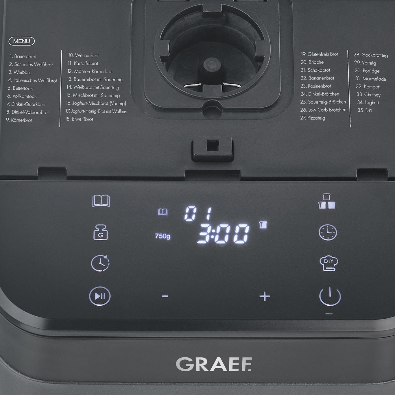 Brotbackautomat mit Menüauswahl und digitaler Anzeige.