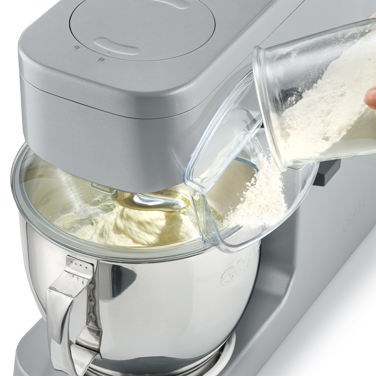 Kitchen mixer with flour addition, dough, stainless steel, transparent lid, gray
