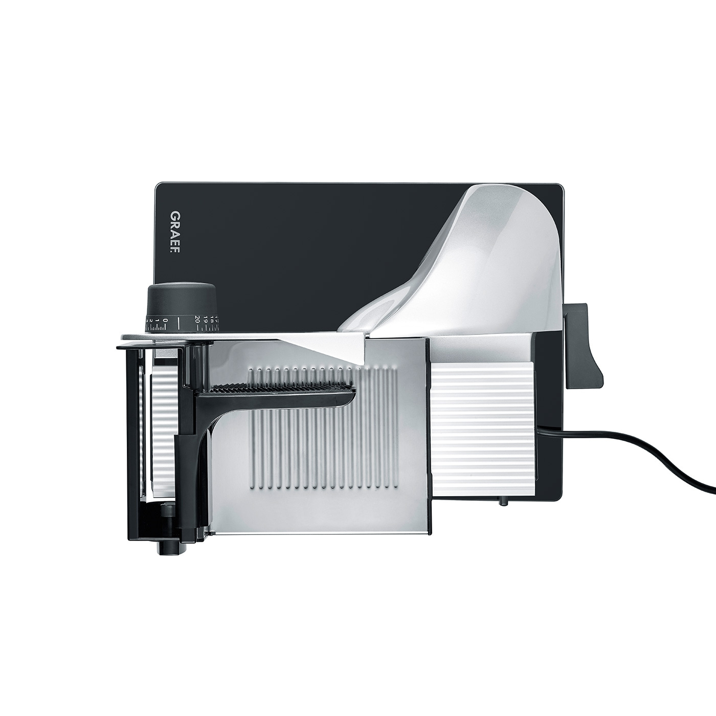 Graef Allesschneider, elektrisch, silber und schwarz, Nahaufnahme, isoliert