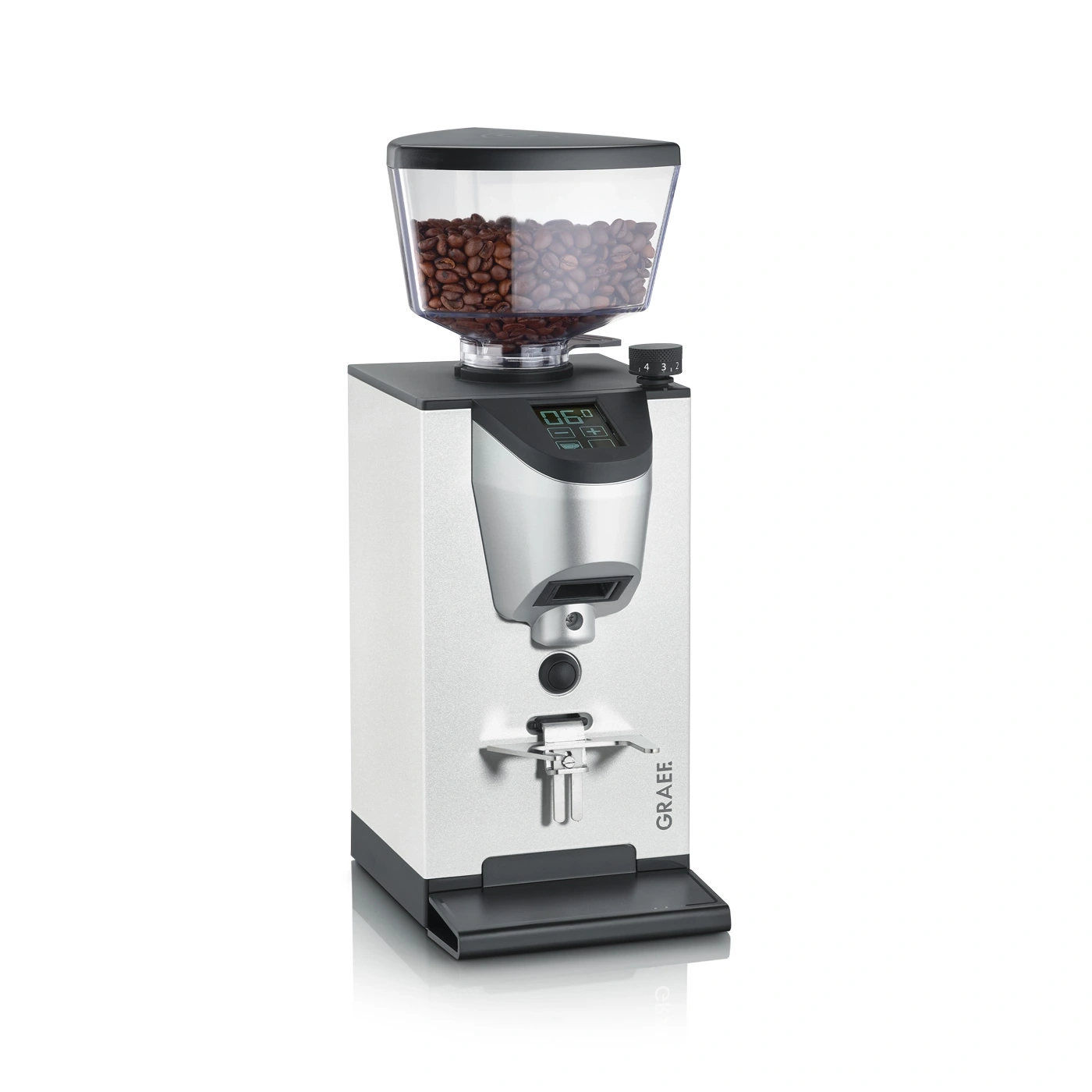 Kaffeemühle mit Bohnen, digitalem Display und GRAEF-Logo. Silbernes Gehäuse.
