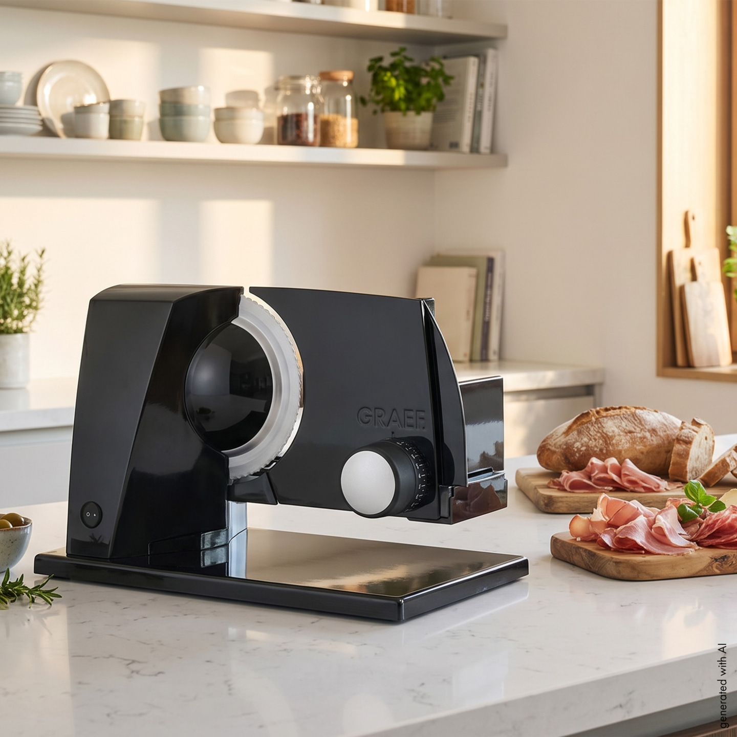 Ein schwarzer Graef Allesschneider mit Brot und Schinken auf einem Küchenbrett.