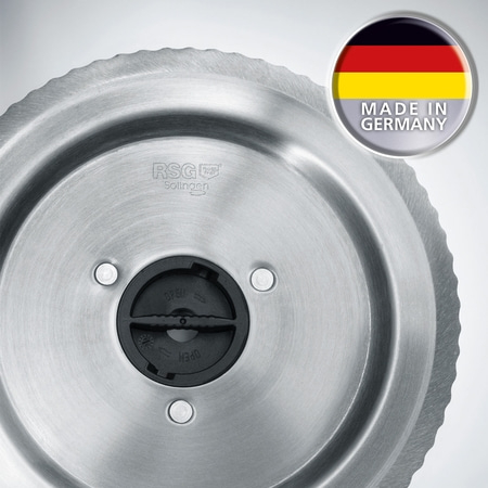 Lama per sega circolare in metallo con logo 'Made in Germany' e 'RSG Solingen'.