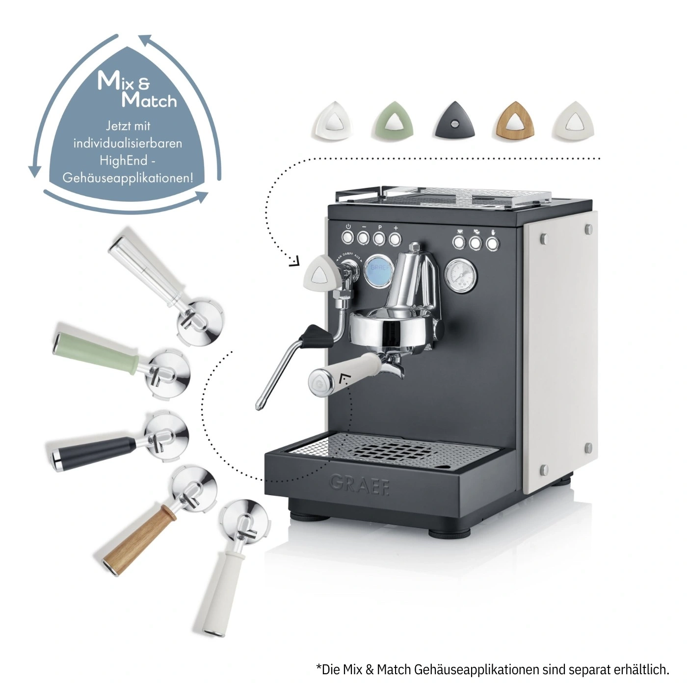 Espressomaschine mit austauschbaren Gehäuseapplikationen und Siebträgern.