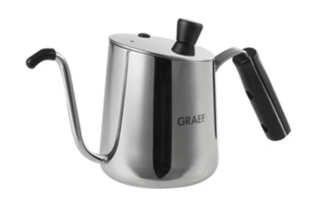 Stainless steel coffee pot with long spout and black handle