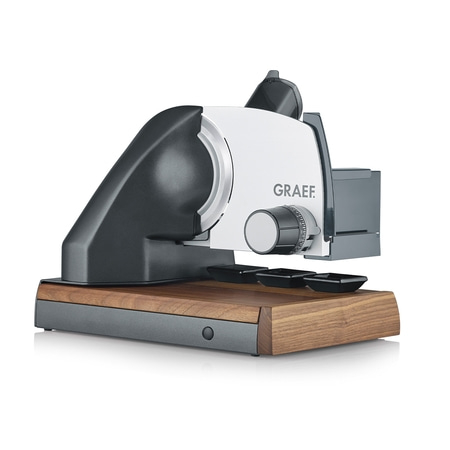 Allesschneider ICONIC²³, eisenglimmergrau S55016 mit Messerschublade, glattes Messer, Schneidbrett aus Walnussholz