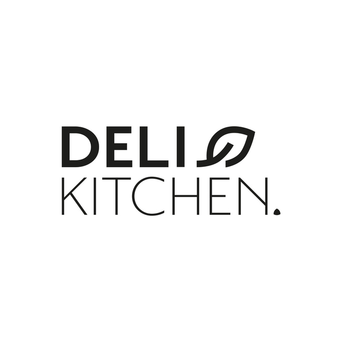 Logo Deli Kitchen con testo e simbolo foglia in nero su sfondo bianco