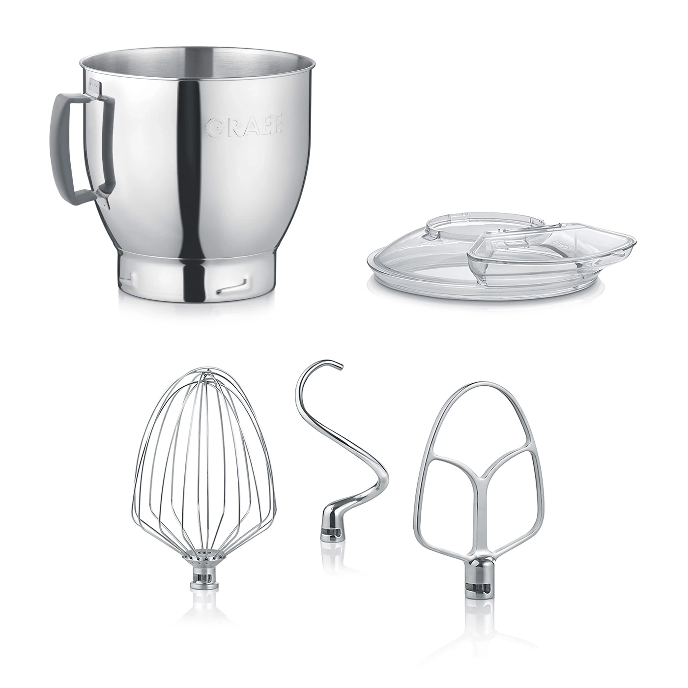 Küchenmaschine mit Zubehör: Schüssel, Deckel, Knethaken, Schneebesen, Rührwerkzeug