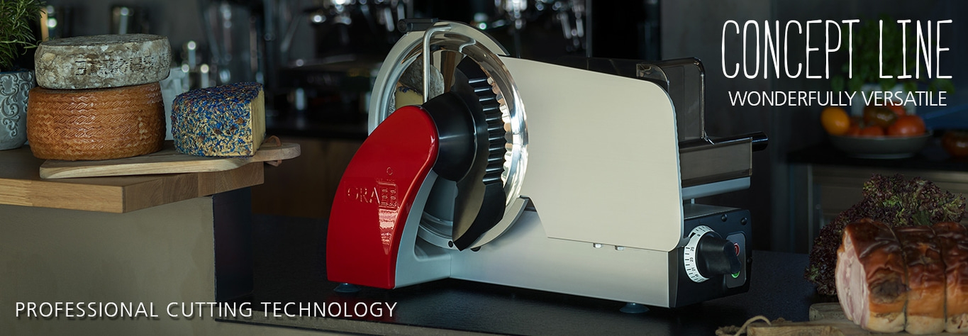 Professional slicer with cheese and meat, concept line, wonderfully versatile